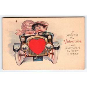Valentines Day Postcard Kids Driving Automobile Car Vintage Series 1404 Stecher